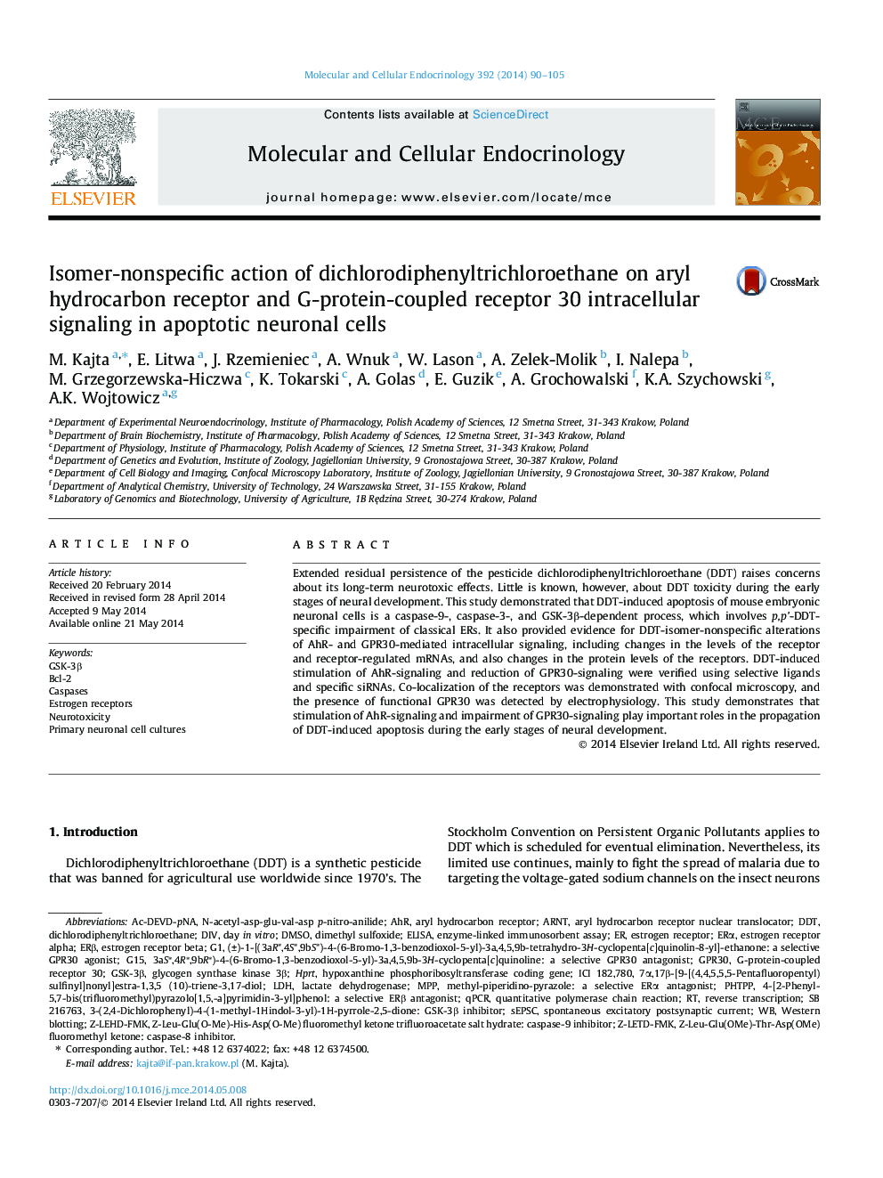 Isomer-nonspecific action of dichlorodiphenyltrichloroethane on aryl hydrocarbon receptor and G-protein-coupled receptor 30 intracellular signaling in apoptotic neuronal cells