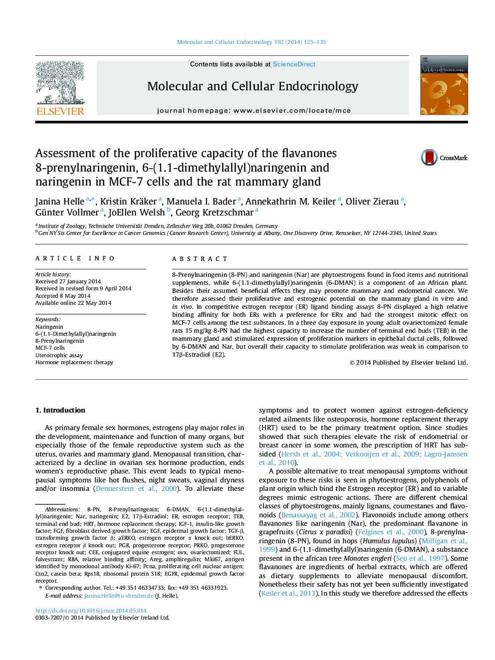 Assessment of the proliferative capacity of the flavanones 8-prenylnaringenin, 6-(1.1-dimethylallyl)naringenin and naringenin in MCF-7 cells and the rat mammary gland