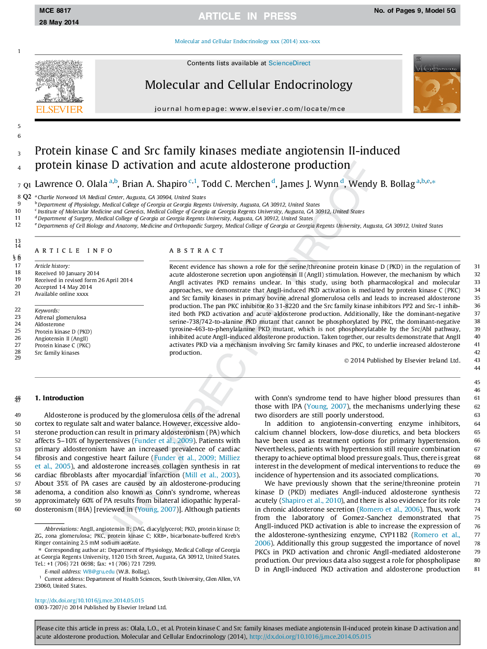 Protein kinase C and Src family kinases mediate angiotensin II-induced protein kinase D activation and acute aldosterone production