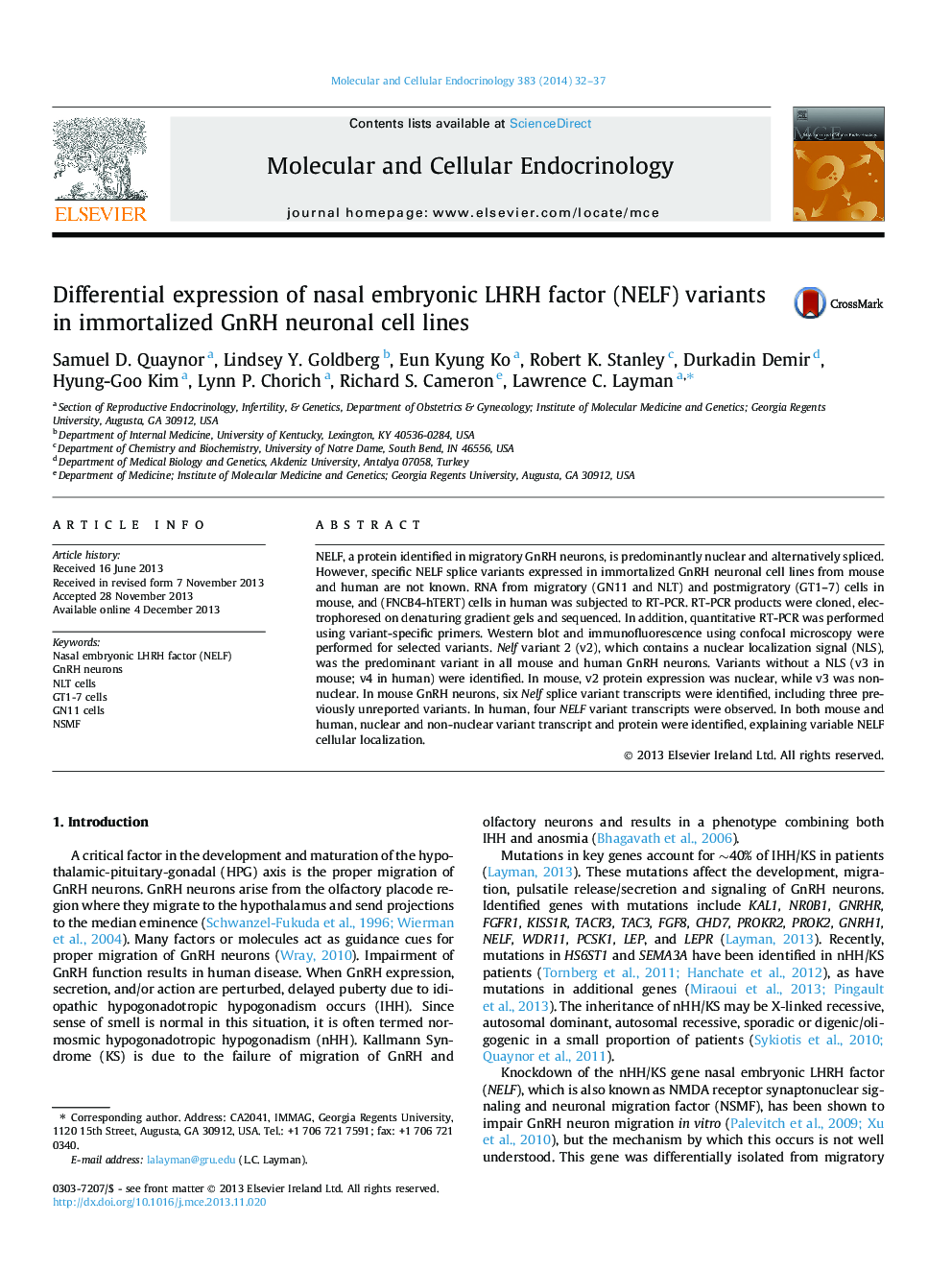 Differential expression of nasal embryonic LHRH factor (NELF) variants in immortalized GnRH neuronal cell lines