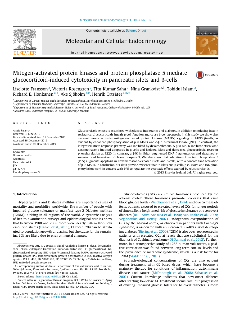 Mitogen-activated protein kinases and protein phosphatase 5 mediate glucocorticoid-induced cytotoxicity in pancreatic islets and Î²-cells