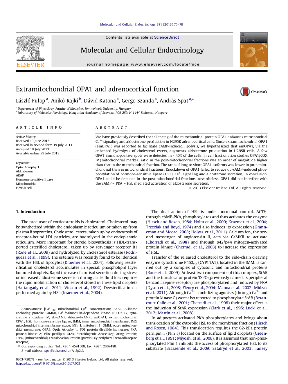 Extramitochondrial OPA1 and adrenocortical function