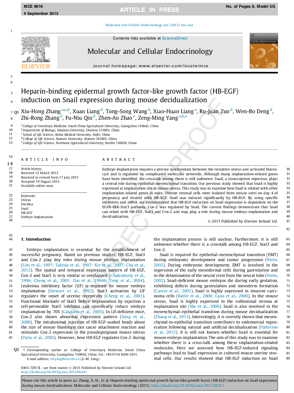 Heparin-binding epidermal growth factor-like growth factor (HB-EGF) induction on Snail expression during mouse decidualization