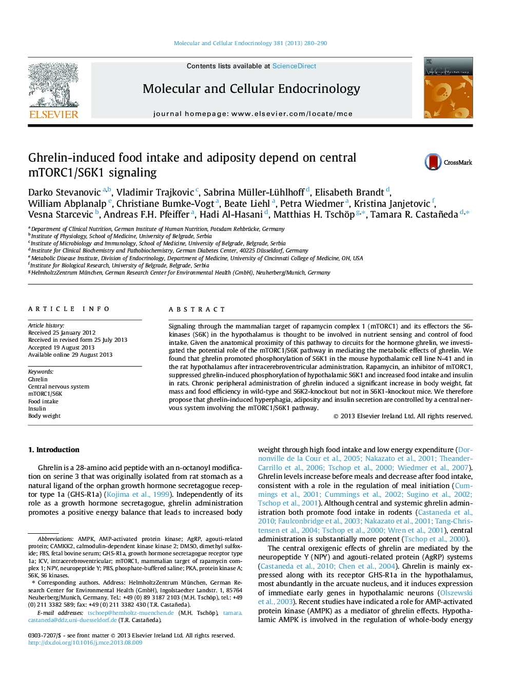 Ghrelin-induced food intake and adiposity depend on central mTORC1/S6K1 signaling