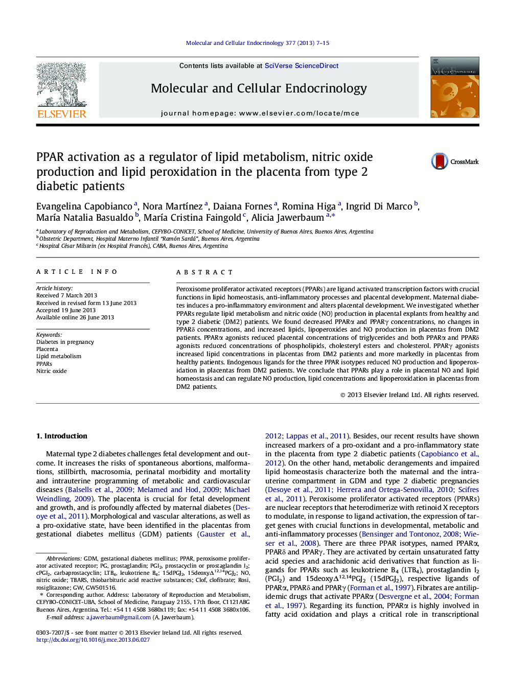 PPAR activation as a regulator of lipid metabolism, nitric oxide production and lipid peroxidation in the placenta from type 2 diabetic patients