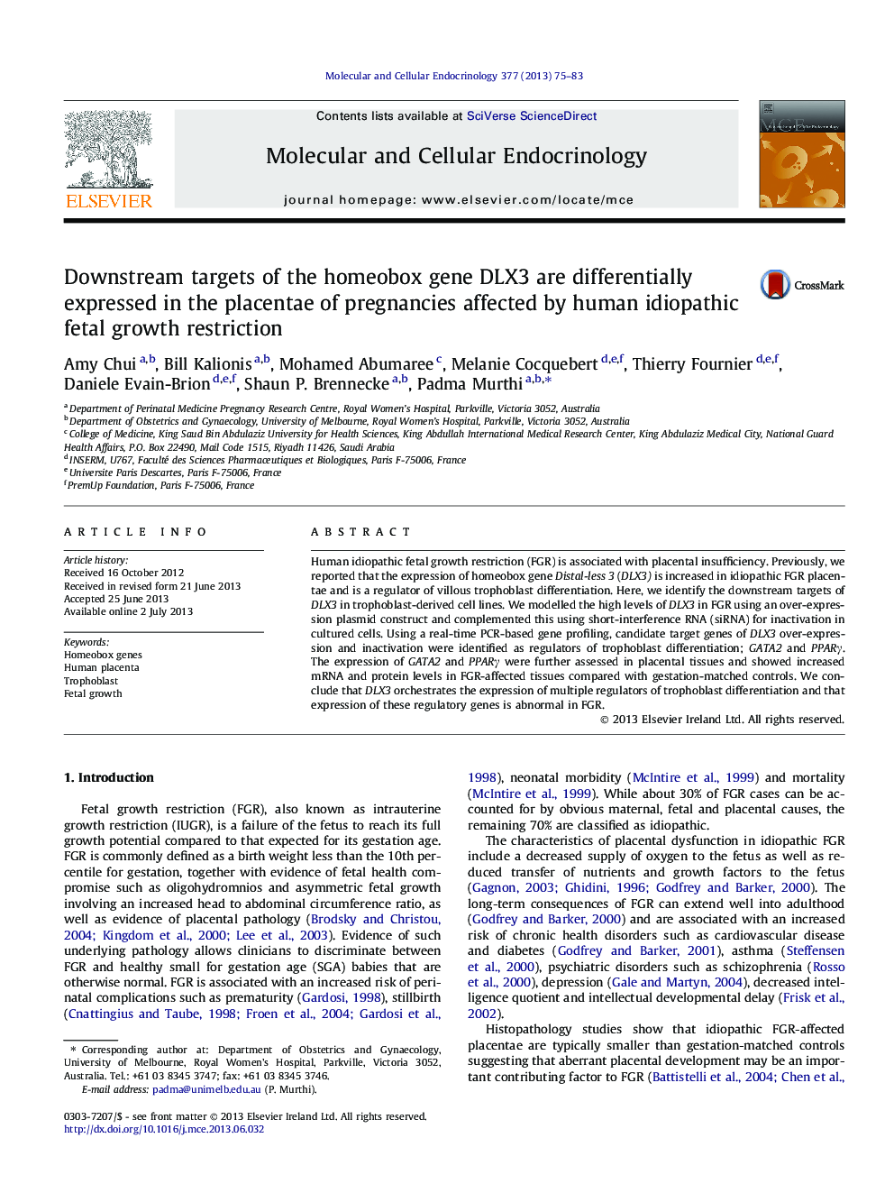 Downstream targets of the homeobox gene DLX3 are differentially expressed in the placentae of pregnancies affected by human idiopathic fetal growth restriction