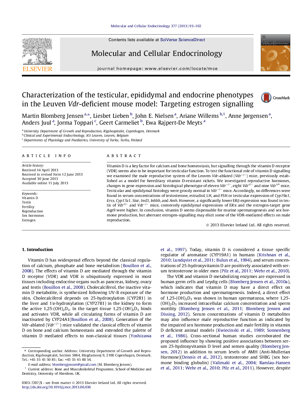 Characterization of the testicular, epididymal and endocrine phenotypes in the Leuven Vdr-deficient mouse model: Targeting estrogen signalling