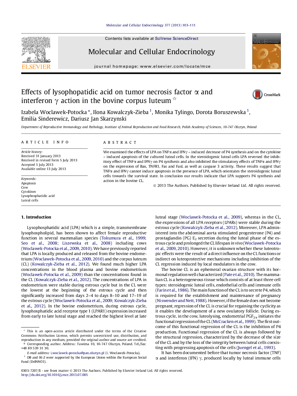 Effects of lysophopatidic acid on tumor necrosis factor Î± and interferon Î³ action in the bovine corpus luteum