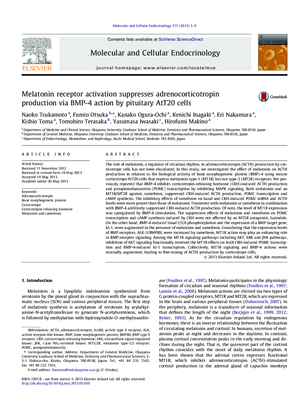 Melatonin receptor activation suppresses adrenocorticotropin production via BMP-4 action by pituitary AtT20 cells