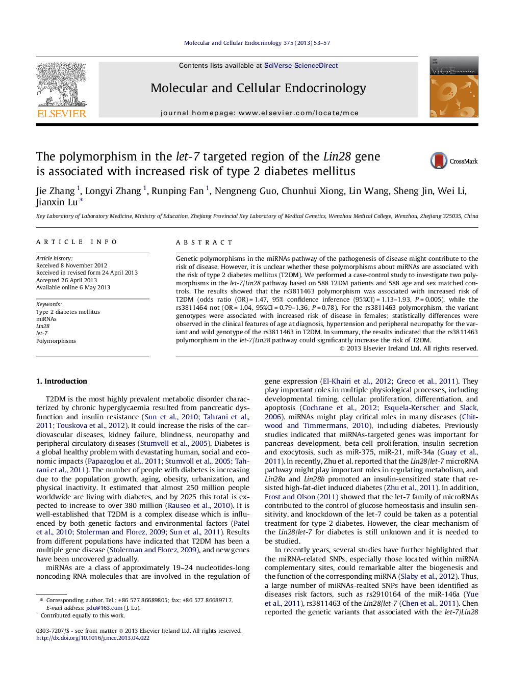 The polymorphism in the let-7 targeted region of the Lin28 gene is associated with increased risk of type 2 diabetes mellitus