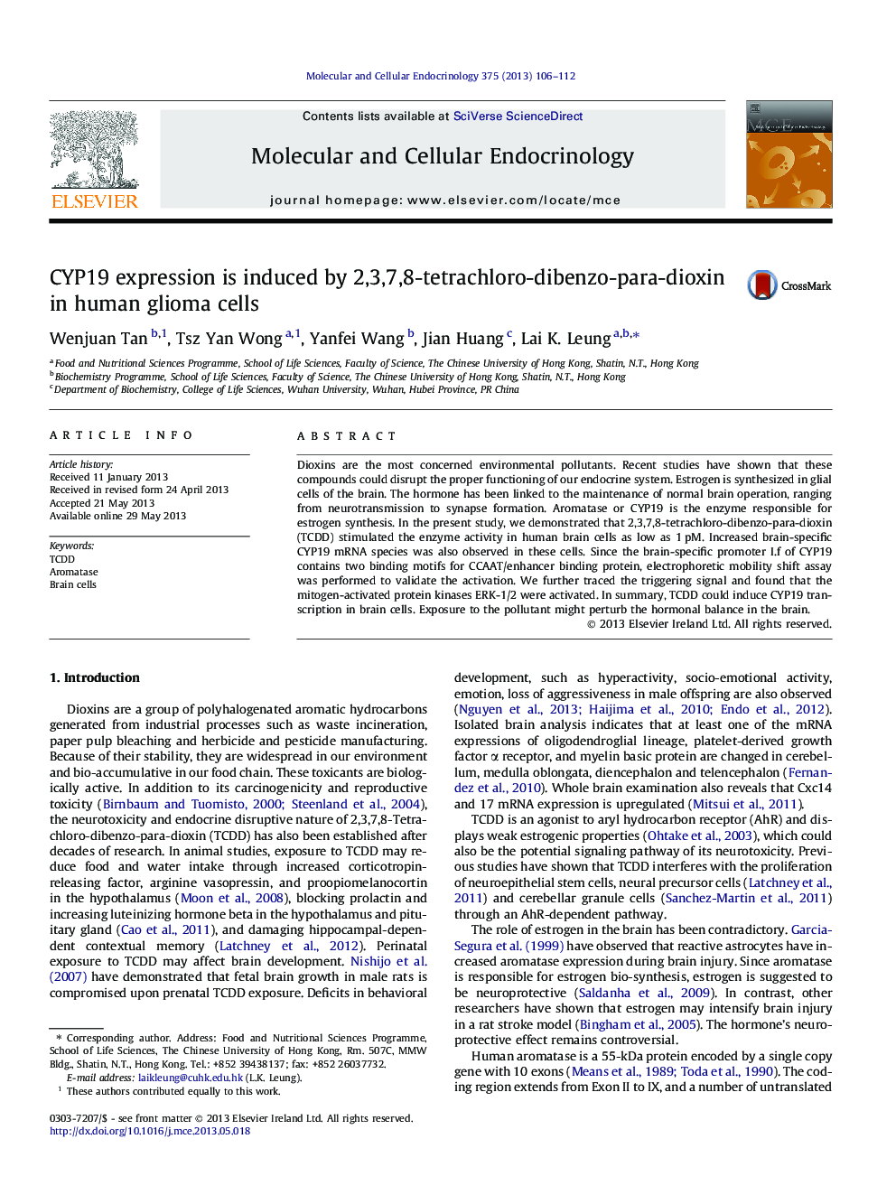 CYP19 expression is induced by 2,3,7,8-tetrachloro-dibenzo-para-dioxin in human glioma cells