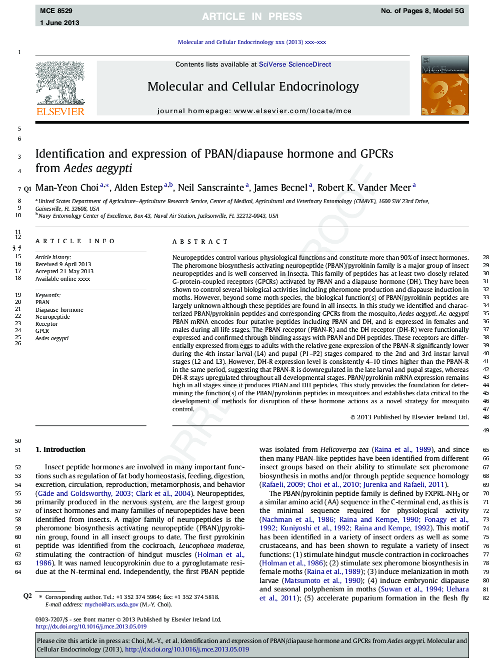 Identification and expression of PBAN/diapause hormone and GPCRs from Aedes aegypti