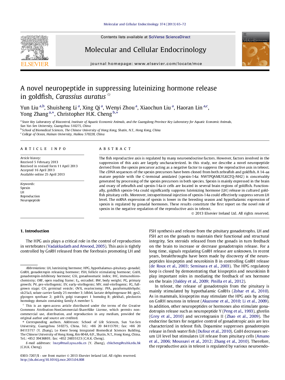 A novel neuropeptide in suppressing luteinizing hormone release in goldfish, Carassius auratus