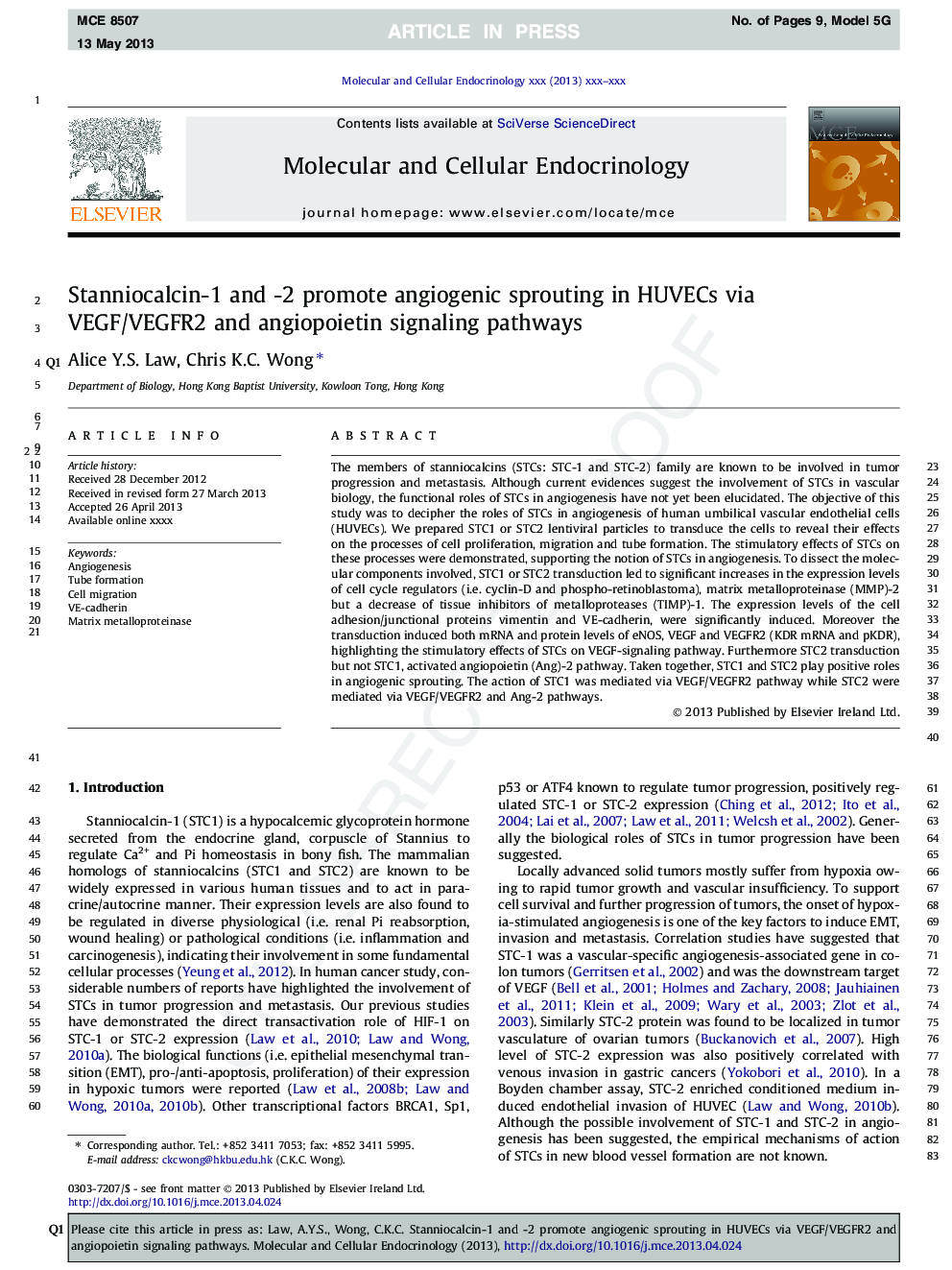 Stanniocalcin-1 and -2 promote angiogenic sprouting in HUVECs via VEGF/VEGFR2 and angiopoietin signaling pathways