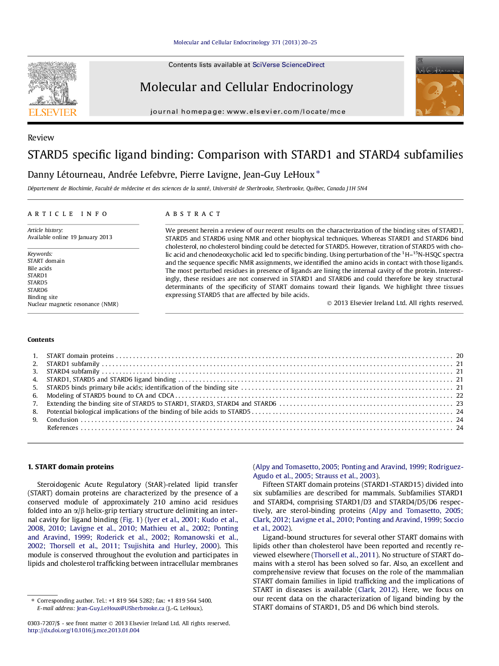 STARD5 specific ligand binding: Comparison with STARD1 and STARD4 subfamilies