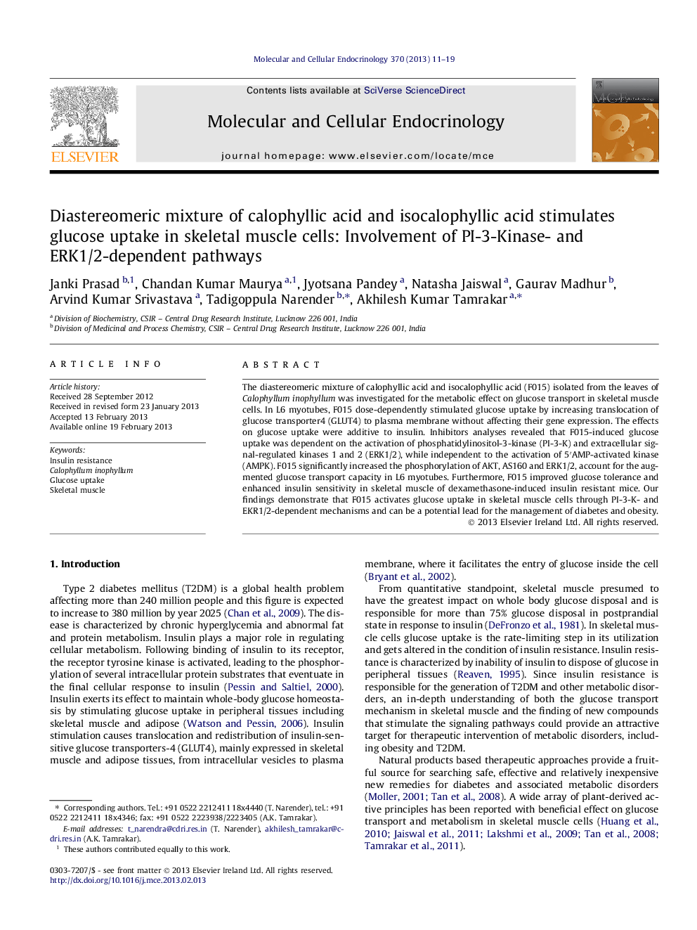 Diastereomeric mixture of calophyllic acid and isocalophyllic acid stimulates glucose uptake in skeletal muscle cells: Involvement of PI-3-Kinase- and ERK1/2-dependent pathways