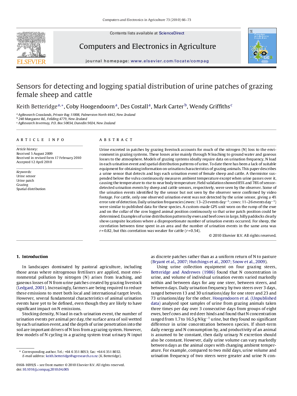 Sensors for detecting and logging spatial distribution of urine patches of grazing female sheep and cattle