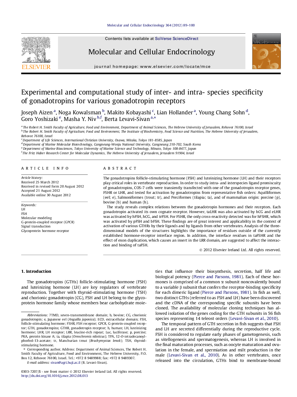 Experimental and computational study of inter- and intra- species specificity of gonadotropins for various gonadotropin receptors