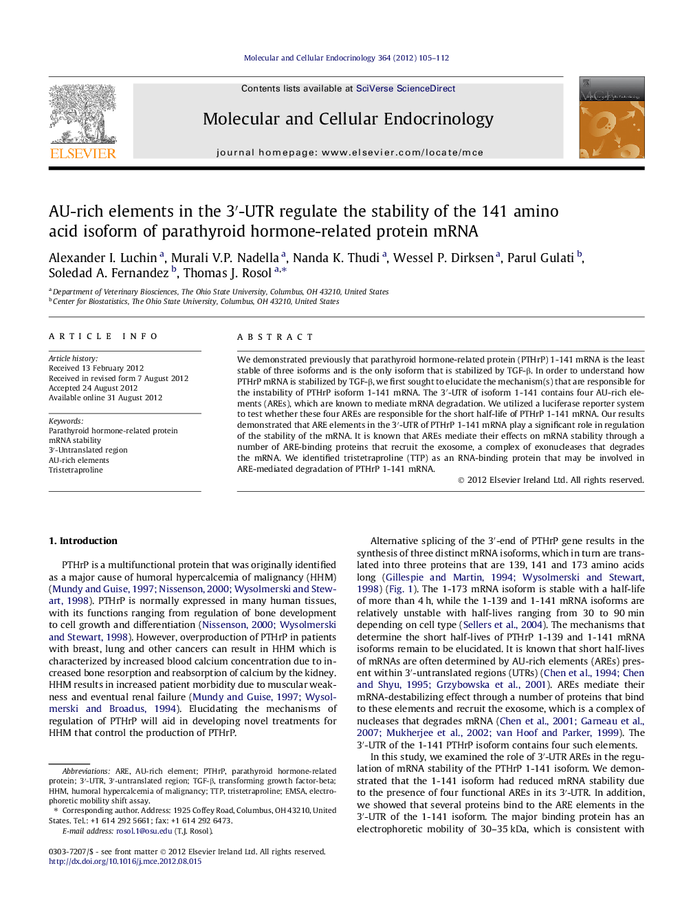 AU-rich elements in the 3â²-UTR regulate the stability of the 141 amino acid isoform of parathyroid hormone-related protein mRNA