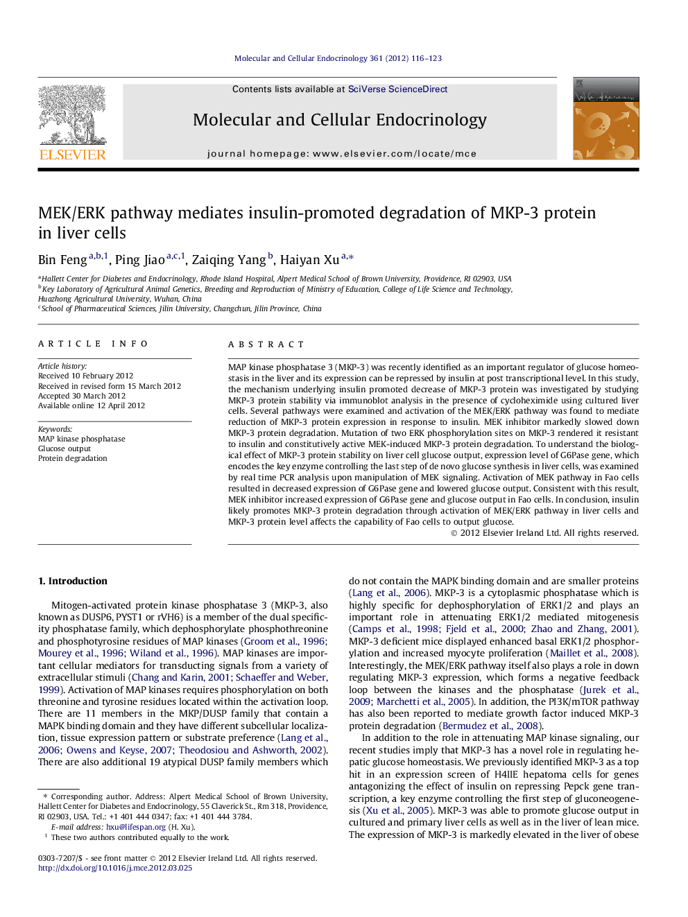 MEK/ERK pathway mediates insulin-promoted degradation of MKP-3 protein in liver cells