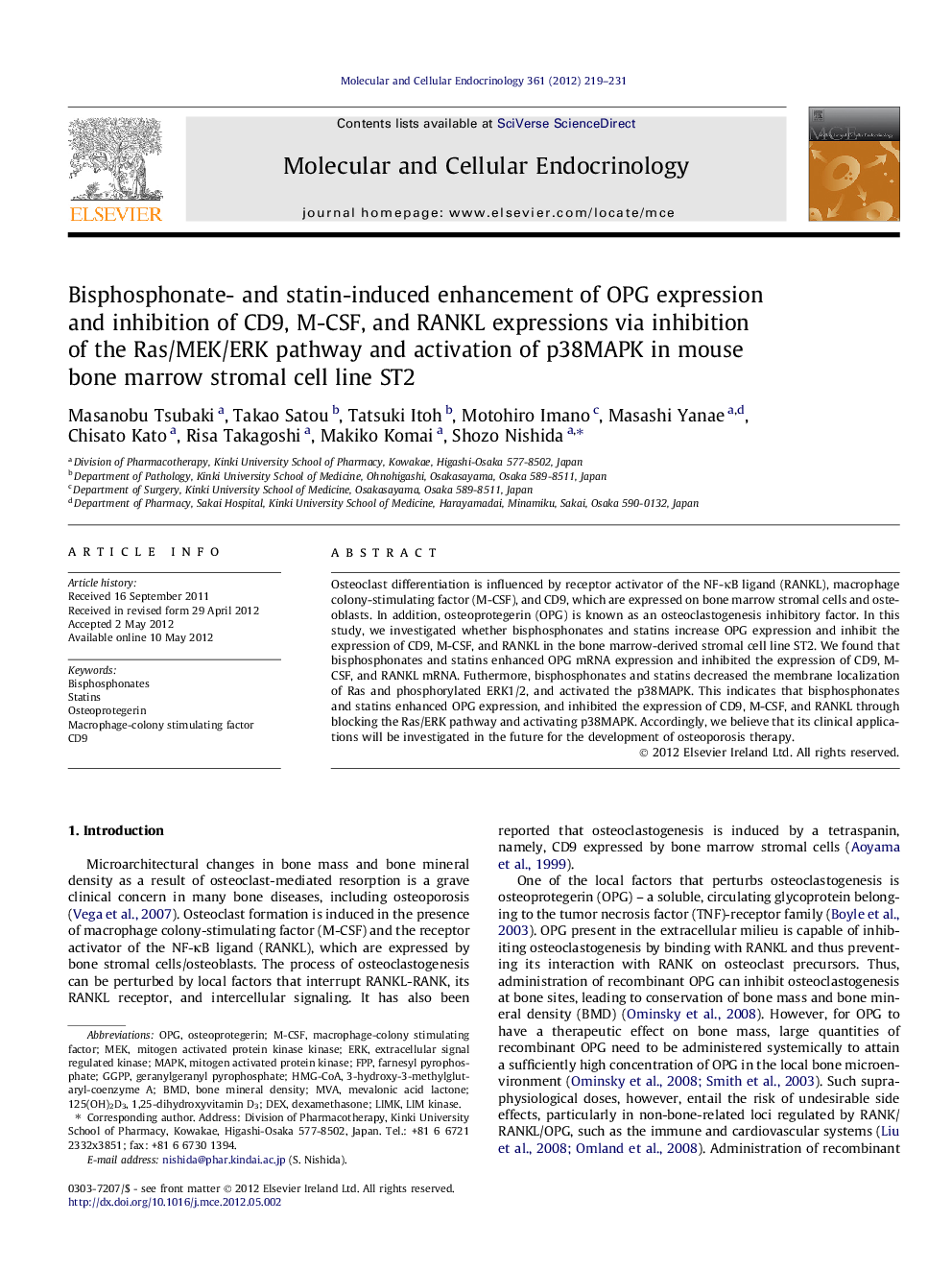 Bisphosphonate- and statin-induced enhancement of OPG expression and inhibition of CD9, M-CSF, and RANKL expressions via inhibition of the Ras/MEK/ERK pathway and activation of p38MAPK in mouse bone marrow stromal cell line ST2