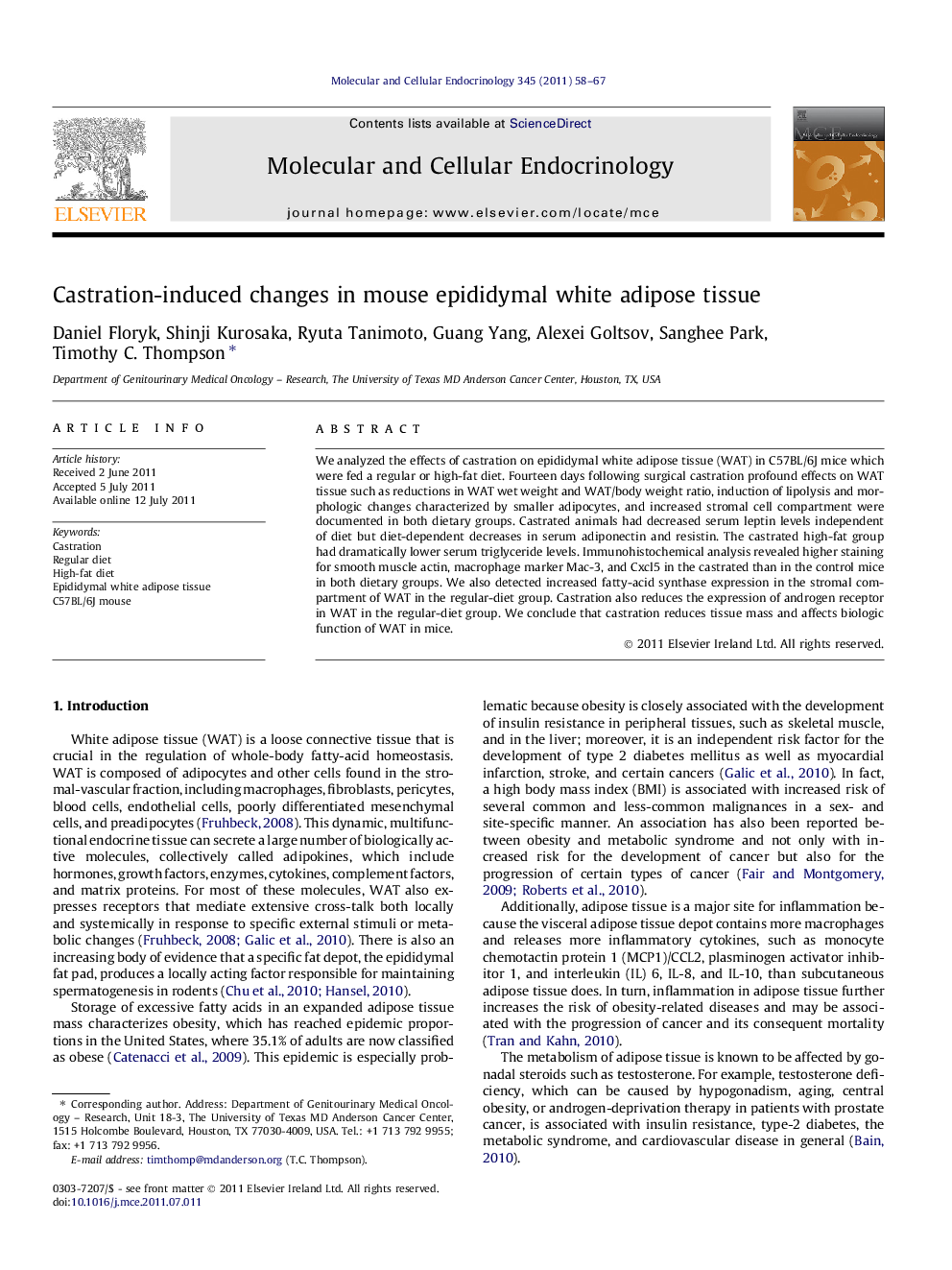 Castration-induced changes in mouse epididymal white adipose tissue