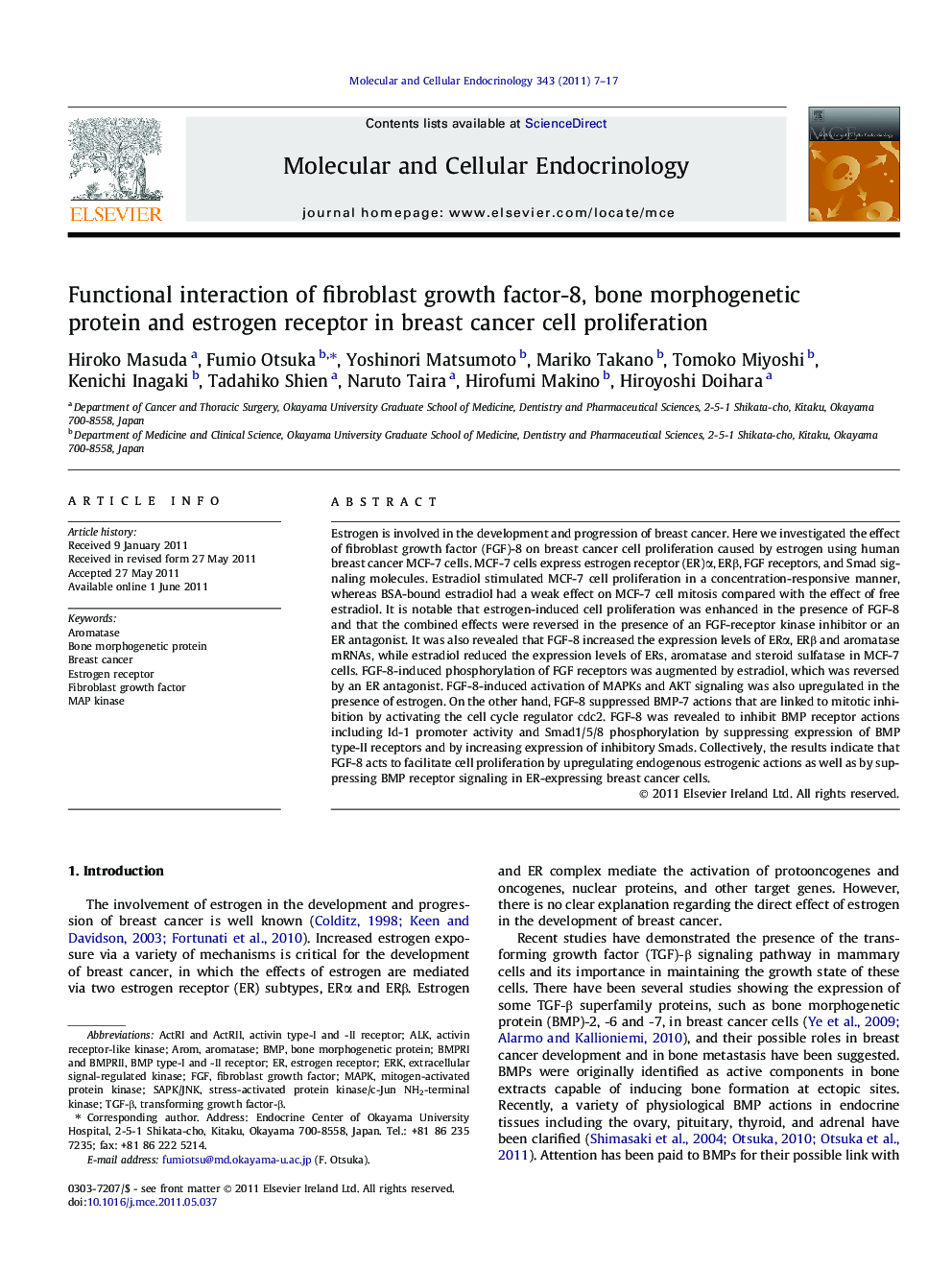 Functional interaction of fibroblast growth factor-8, bone morphogenetic protein and estrogen receptor in breast cancer cell proliferation