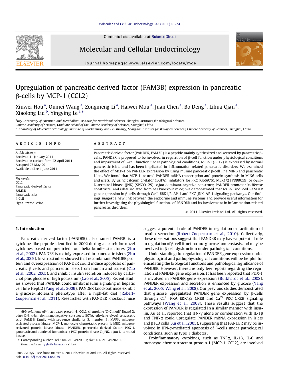 Upregulation of pancreatic derived factor (FAM3B) expression in pancreatic Î²-cells by MCP-1 (CCL2)