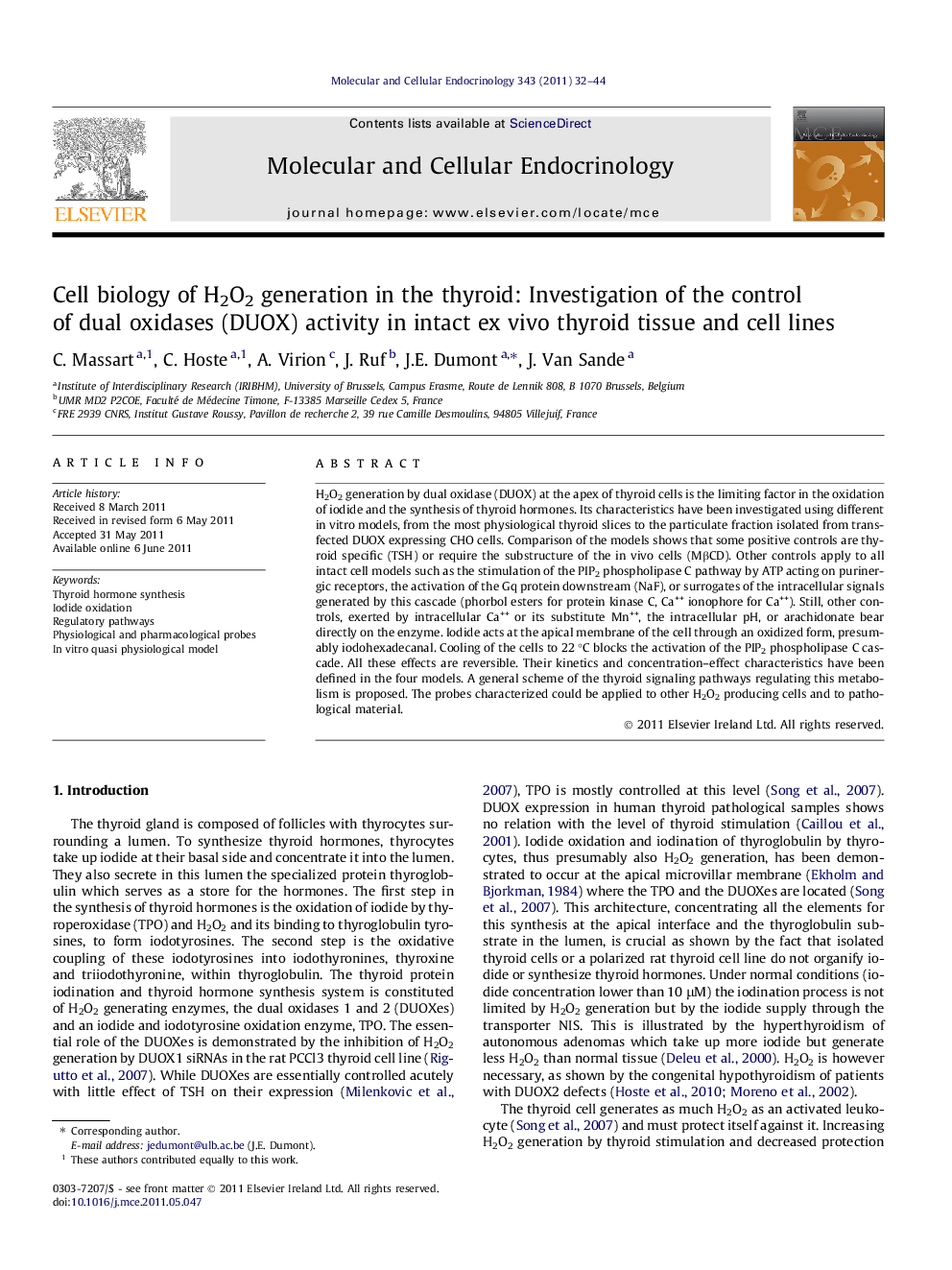 Cell biology of H2O2 generation in the thyroid: Investigation of the control of dual oxidases (DUOX) activity in intact ex vivo thyroid tissue and cell lines