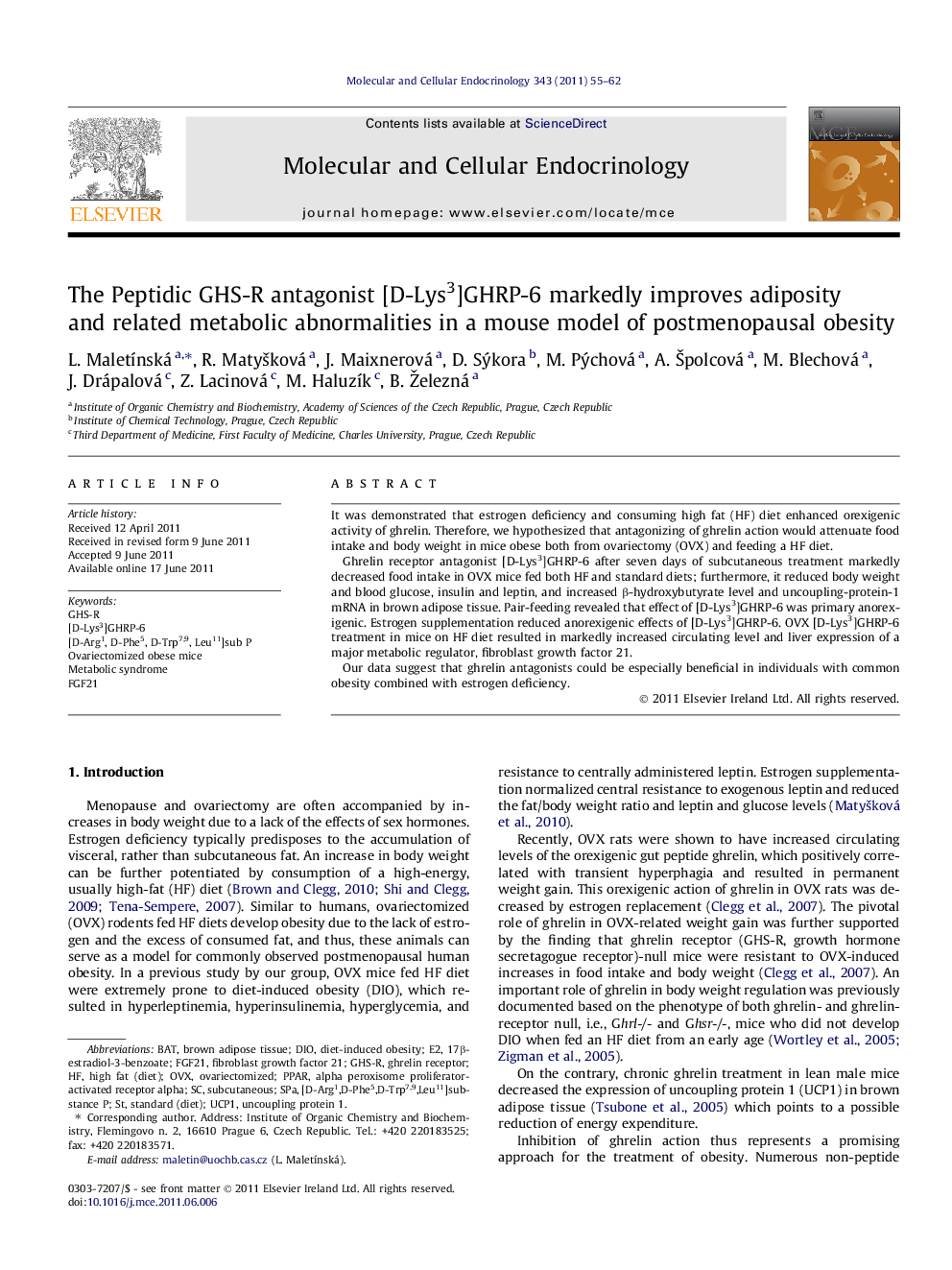 The Peptidic GHS-R antagonist [D-Lys3]GHRP-6 markedly improves adiposity and related metabolic abnormalities in a mouse model of postmenopausal obesity