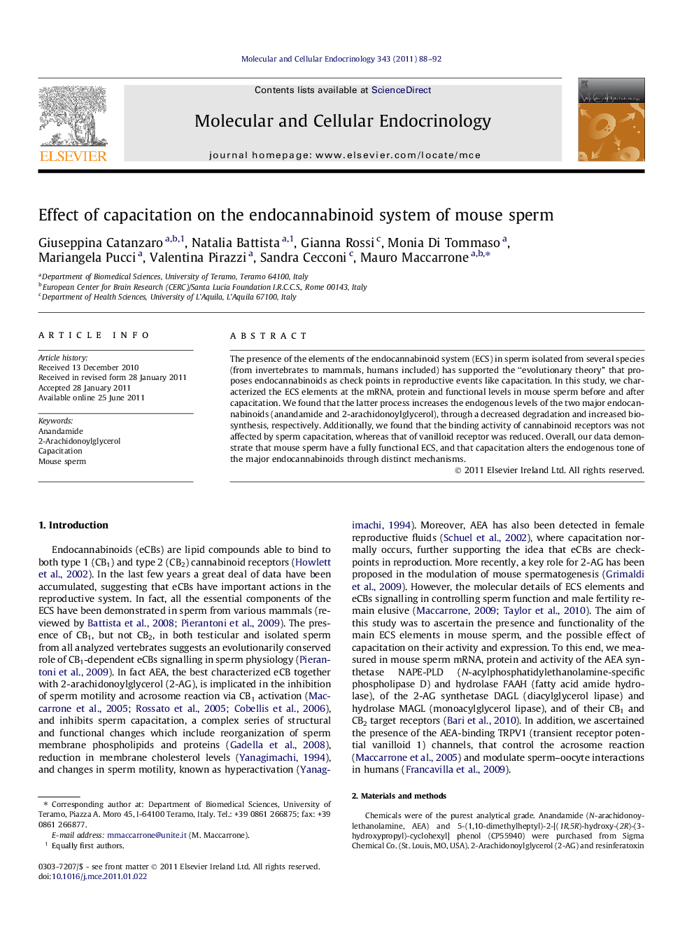 Effect of capacitation on the endocannabinoid system of mouse sperm