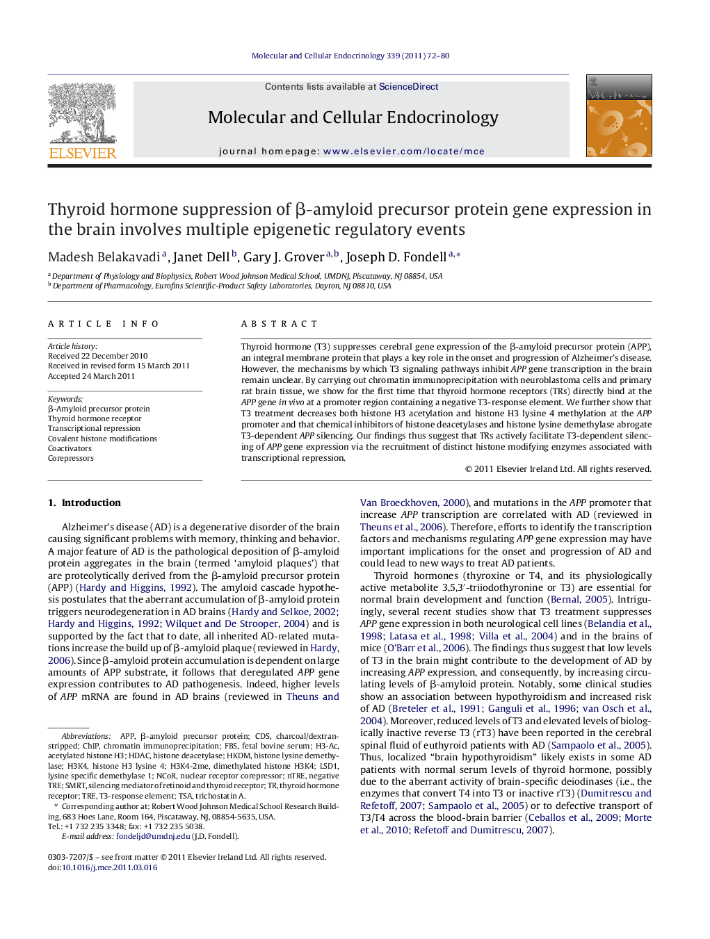 Thyroid hormone suppression of Î²-amyloid precursor protein gene expression in the brain involves multiple epigenetic regulatory events