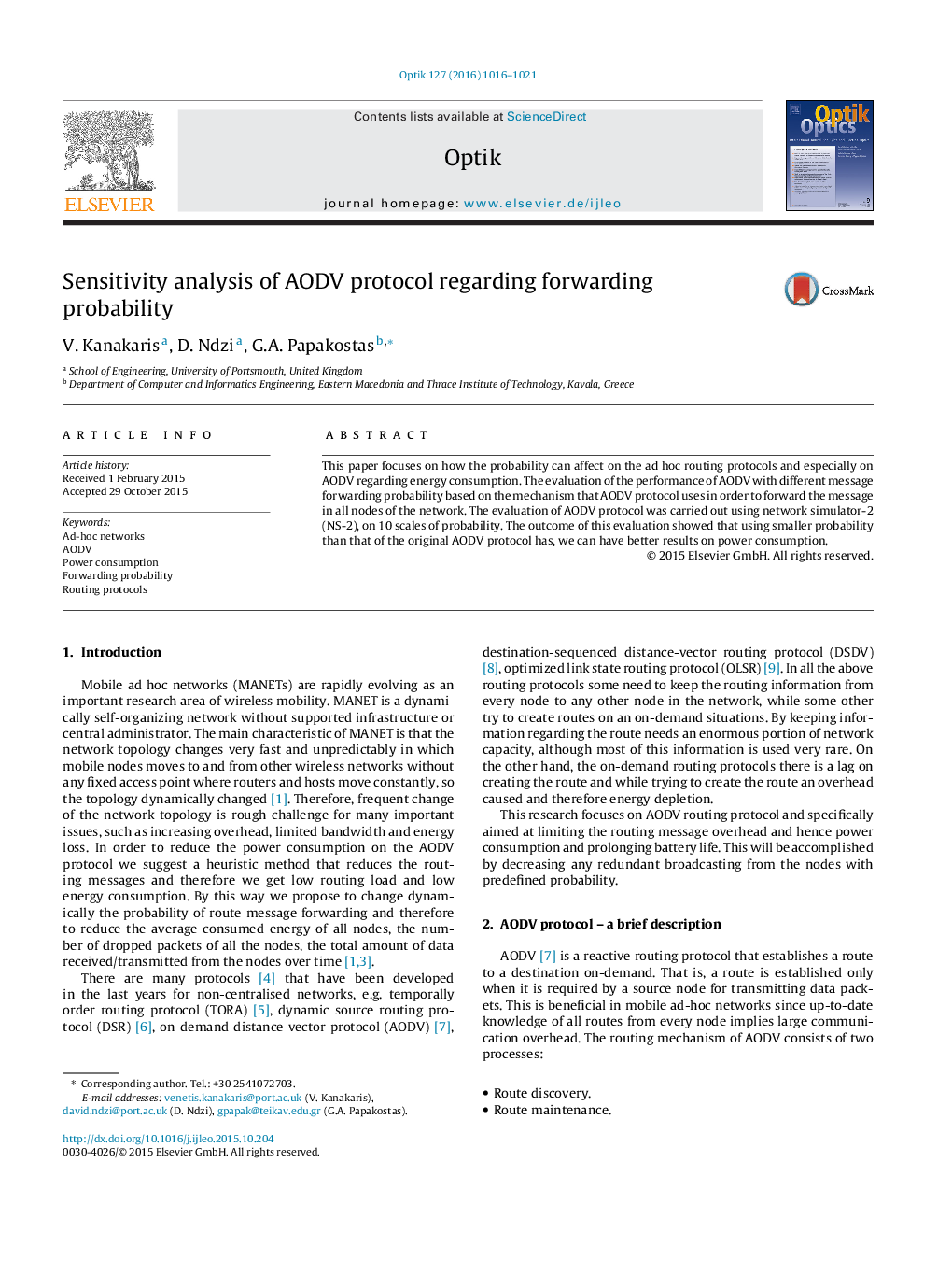 Sensitivity analysis of AODV protocol regarding forwarding probability