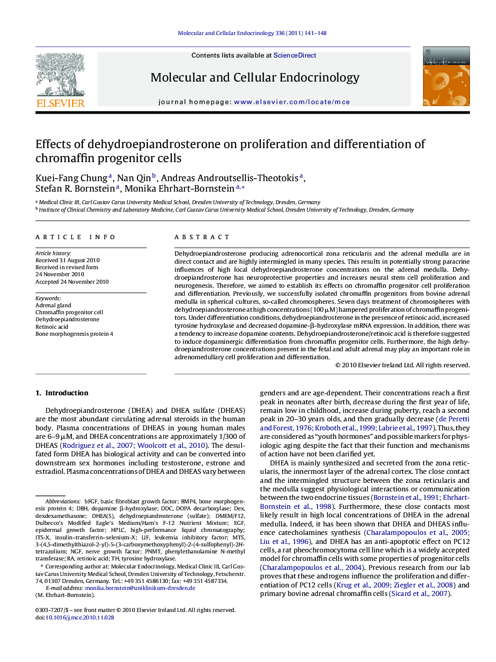 Effects of dehydroepiandrosterone on proliferation and differentiation of chromaffin progenitor cells