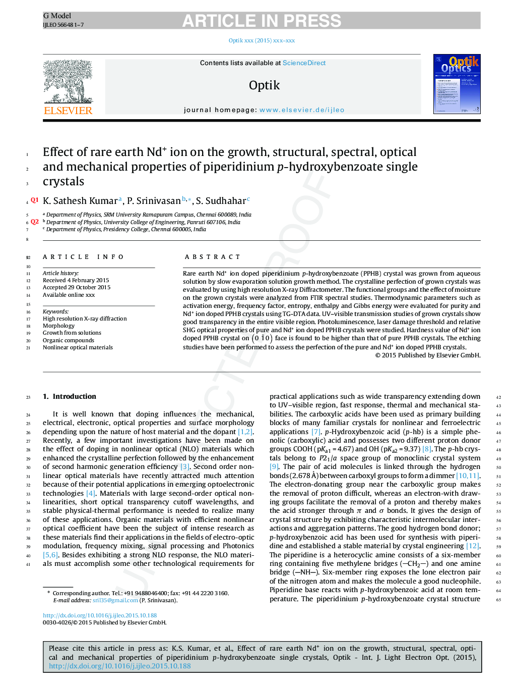 عکس صفحه اول مقاله: Effect of rare earth Nd+ ion on the growth, structural, spectral, optical and mechanical properties of piperidinium p-hydroxybenzoate single crystals Effect of rare earth Nd+ ion on the growth, structural, spectral, optical and mechanical properties of piperidinium p-hydroxybenzoate single crystals