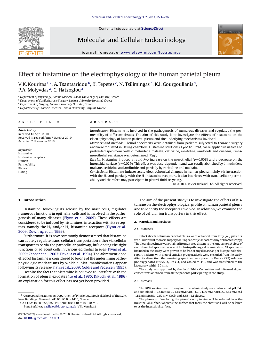 Effect of histamine on the electrophysiology of the human parietal pleura