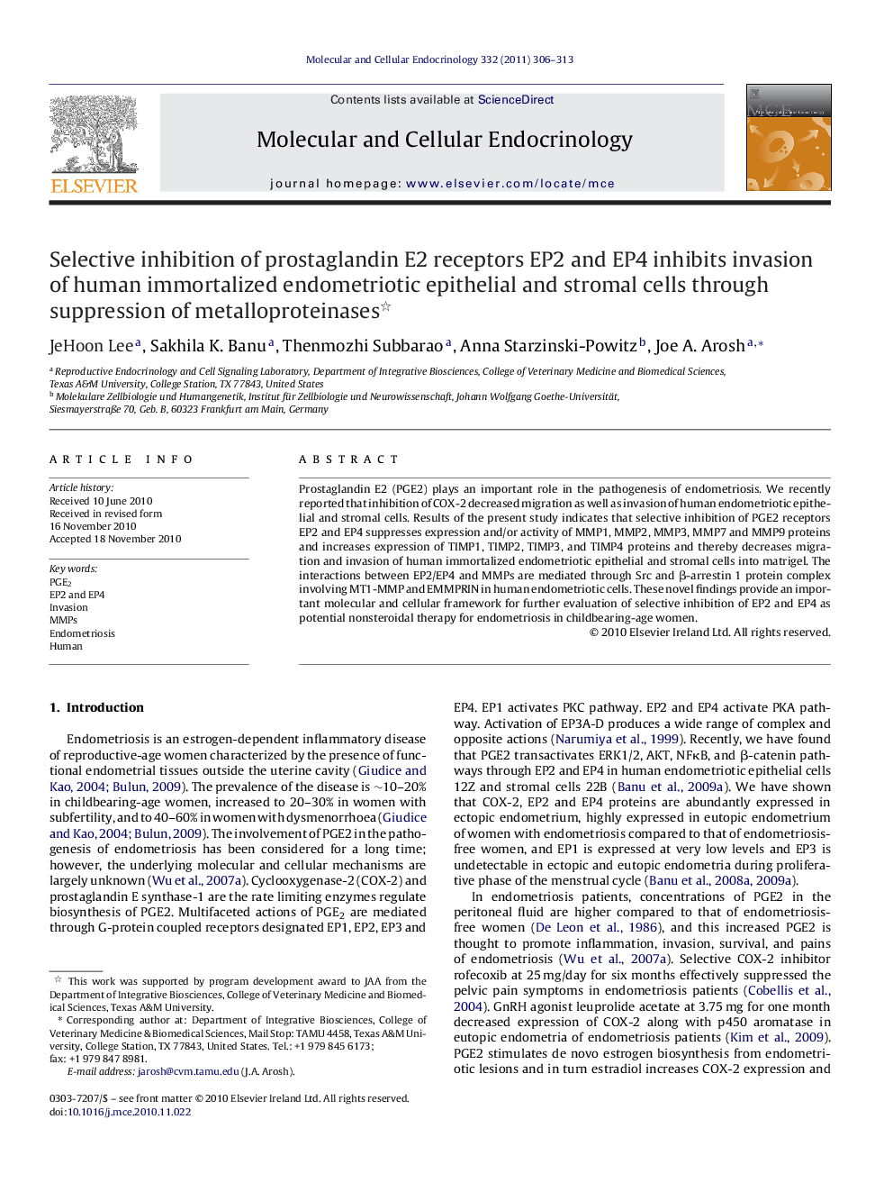 Selective inhibition of prostaglandin E2 receptors EP2 and EP4 inhibits invasion of human immortalized endometriotic epithelial and stromal cells through suppression of metalloproteinases