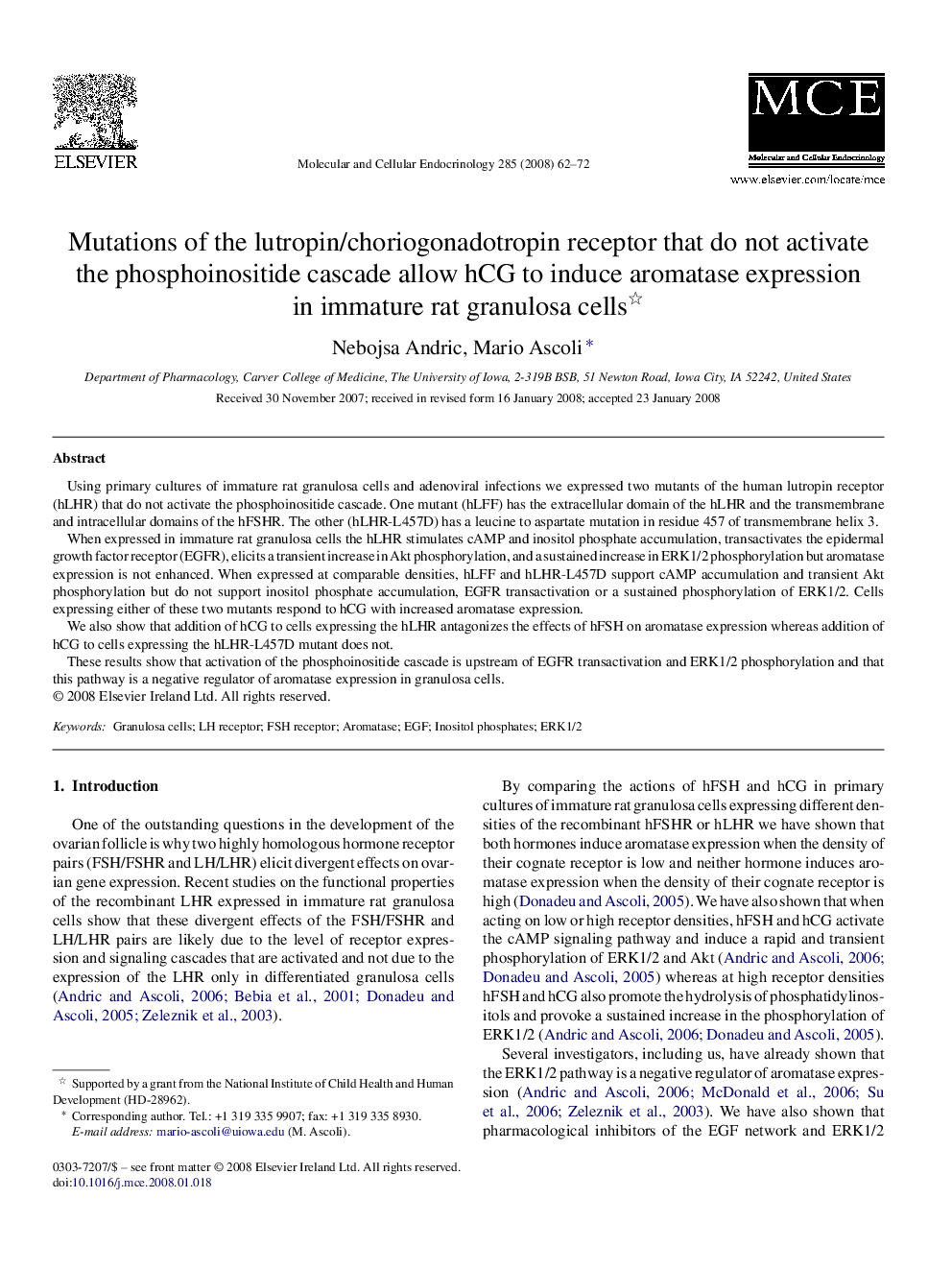 Mutations of the lutropin/choriogonadotropin receptor that do not activate the phosphoinositide cascade allow hCG to induce aromatase expression in immature rat granulosa cells