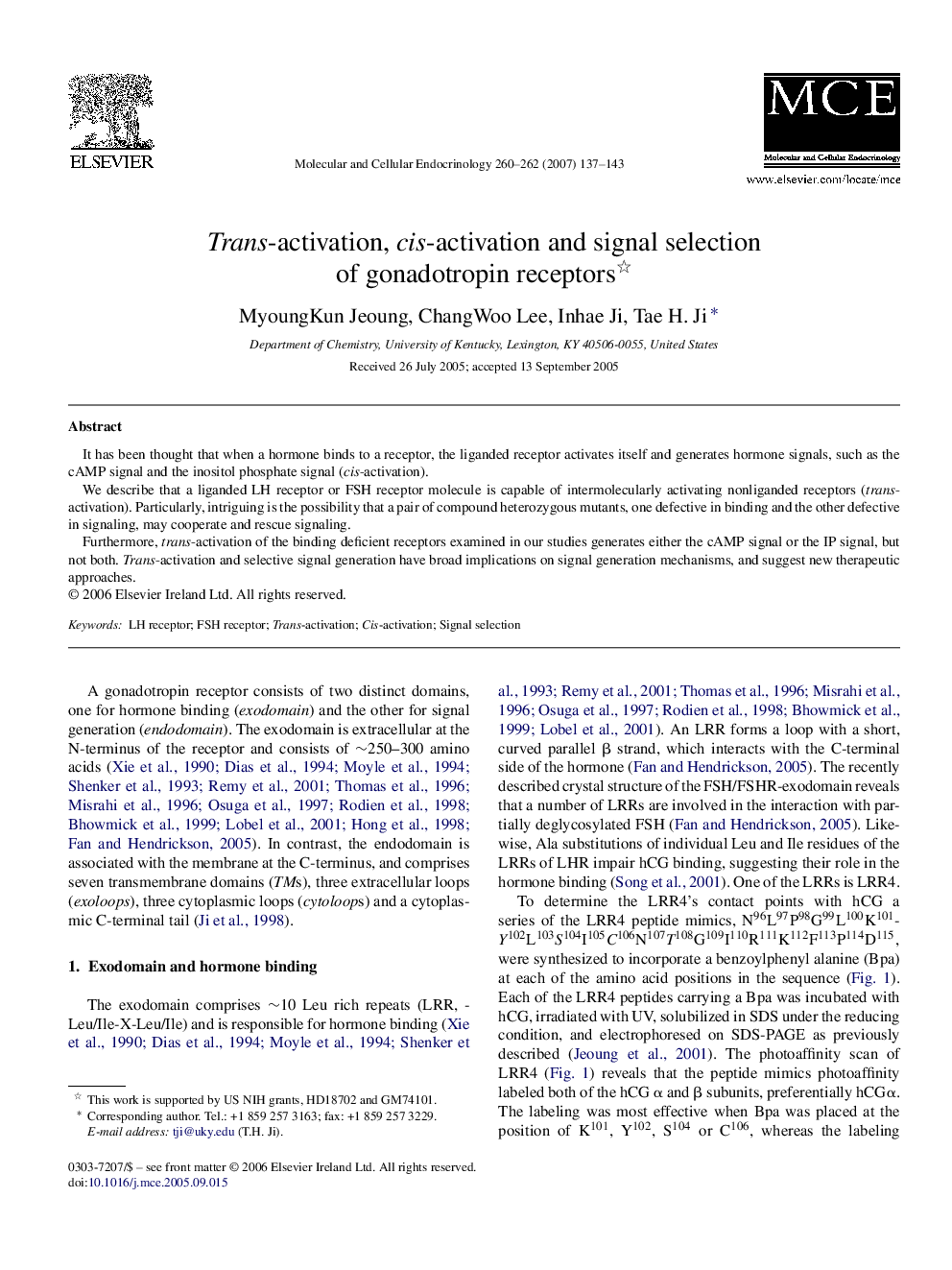 Trans-activation, cis-activation and signal selection of gonadotropin receptors