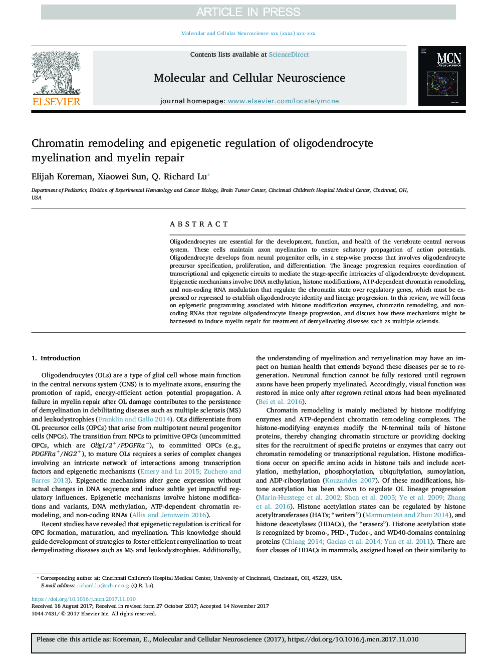Chromatin remodeling and epigenetic regulation of oligodendrocyte myelination and myelin repair