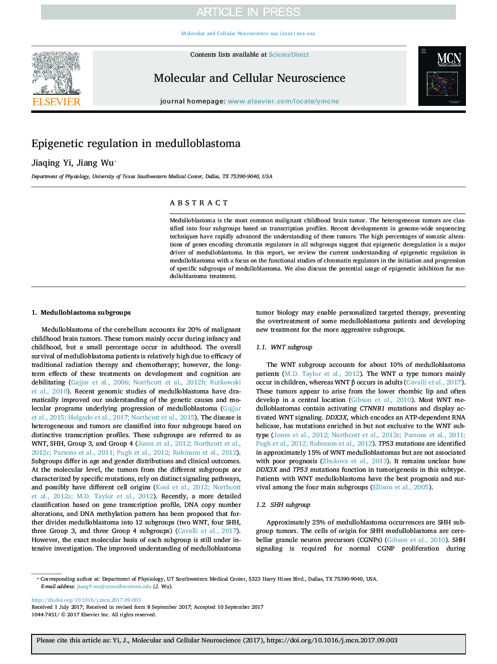 Epigenetic regulation in medulloblastoma