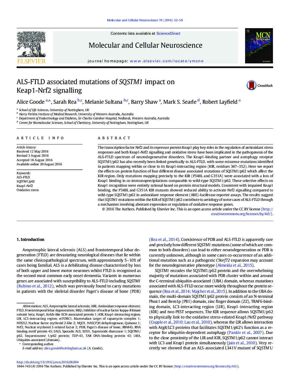 ALS-FTLD associated mutations of SQSTM1 impact on Keap1-Nrf2 signalling