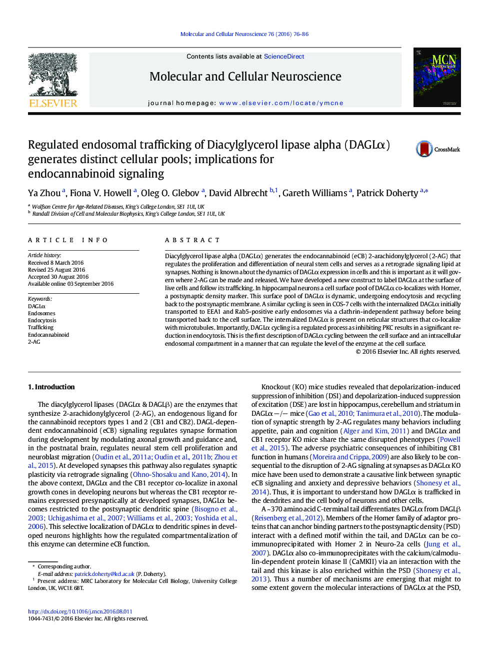 Regulated endosomal trafficking of Diacylglycerol lipase alpha (DAGLÎ±) generates distinct cellular pools; implications for endocannabinoid signaling