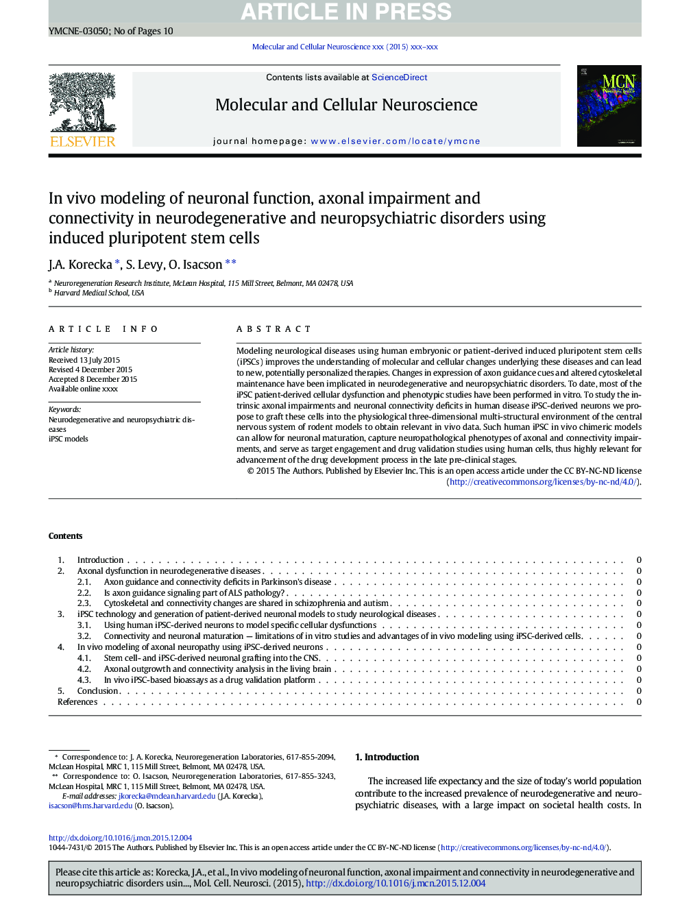 In vivo modeling of neuronal function, axonal impairment and connectivity in neurodegenerative and neuropsychiatric disorders using induced pluripotent stem cells