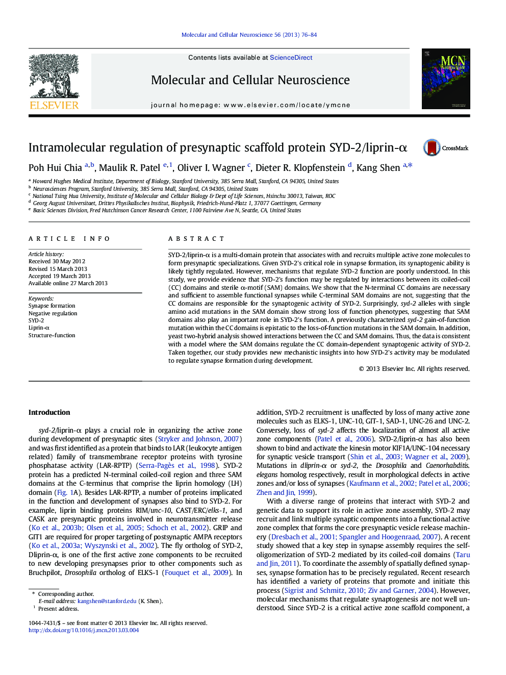 Intramolecular regulation of presynaptic scaffold protein SYD-2/liprin-Î±