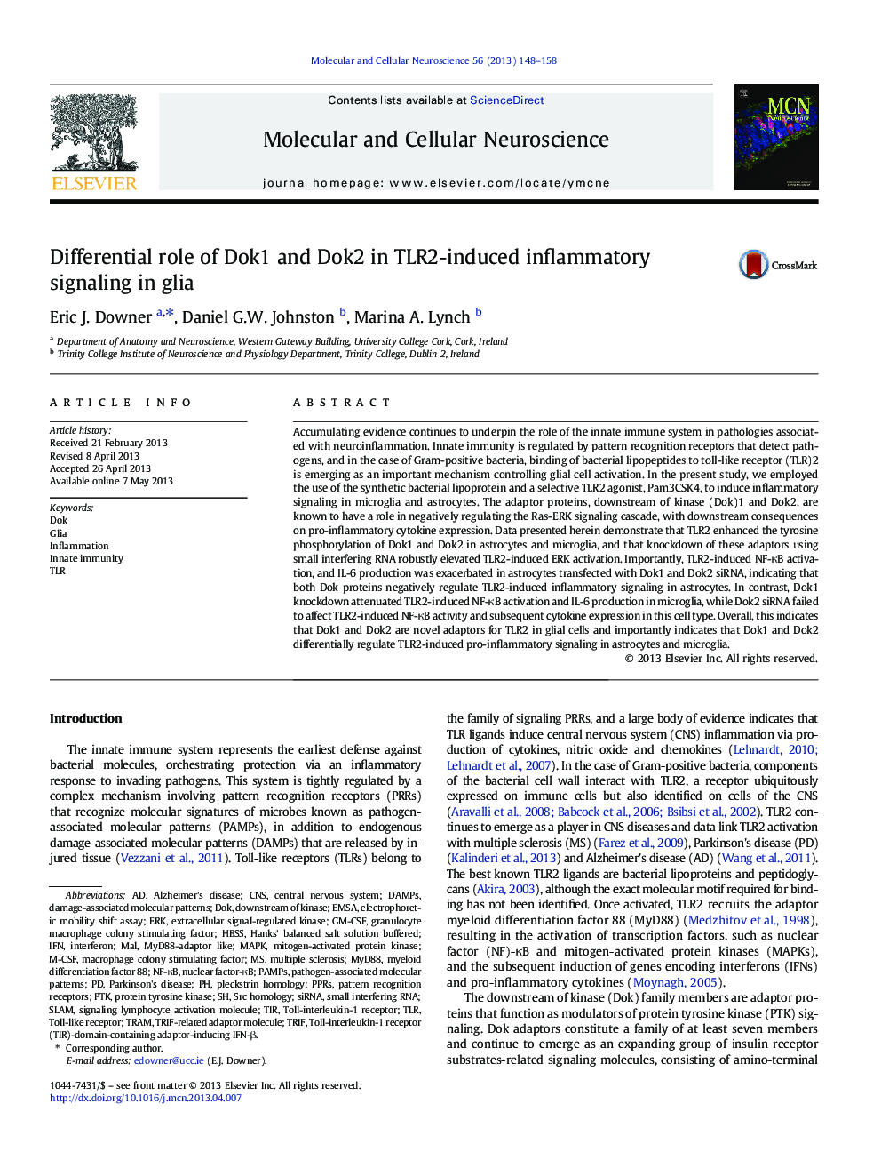 Differential role of Dok1 and Dok2 in TLR2-induced inflammatory signaling in glia