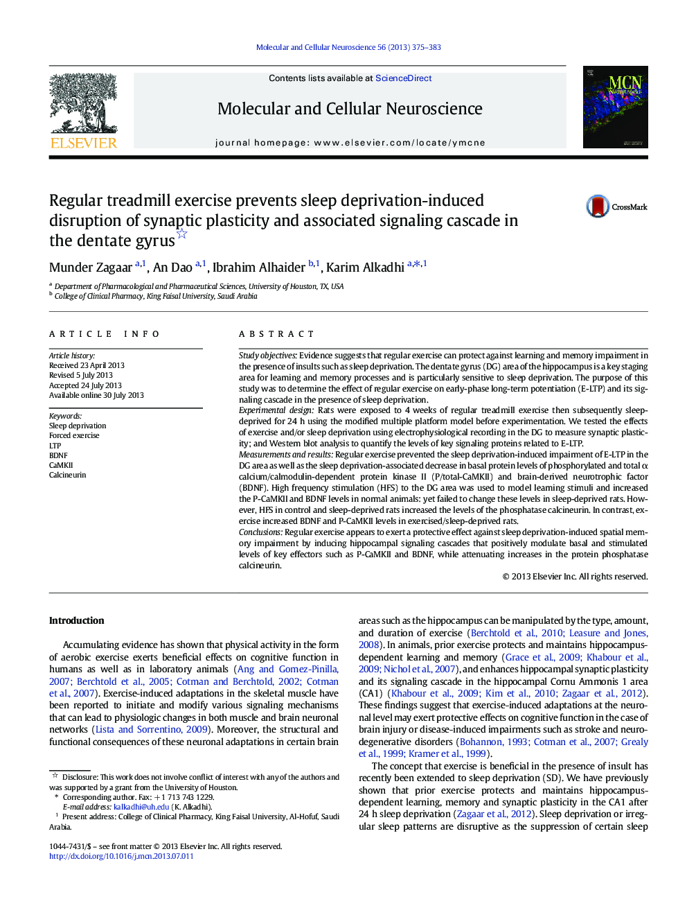 Regular treadmill exercise prevents sleep deprivation-induced disruption of synaptic plasticity and associated signaling cascade in the dentate gyrus
