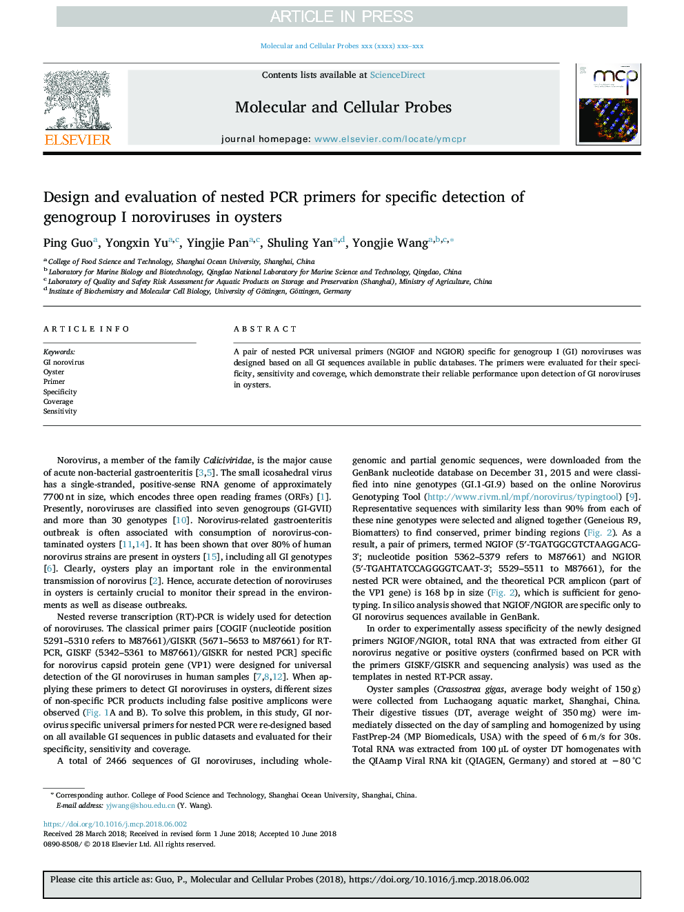 Design and evaluation of nested PCR primers for specific detection of genogroup I noroviruses in oysters