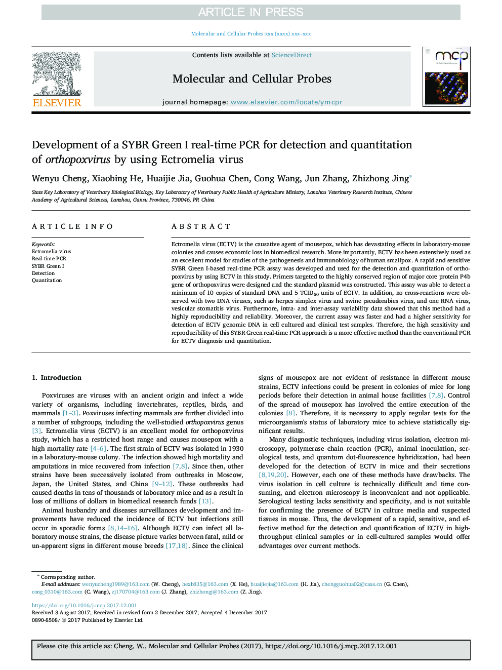 Development of a SYBR Green I real-time PCR for detection and quantitation of orthopoxvirus by using Ectromelia virus