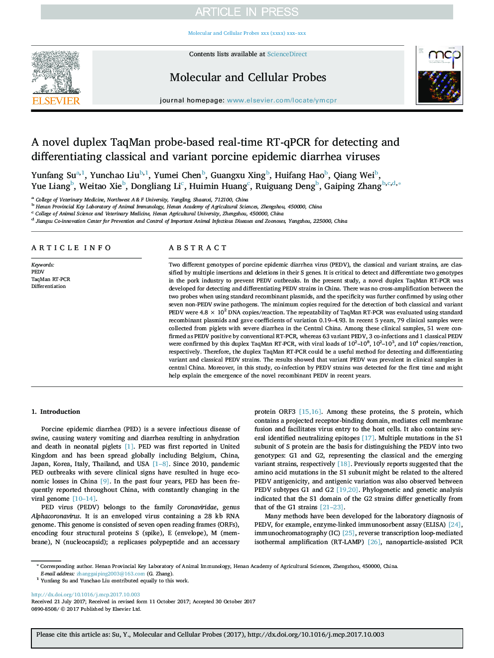 عکس صفحه اول مقاله: A novel duplex TaqMan probe-based real-time RT-qPCR for detecting and differentiating classical and variant porcine epidemic diarrhea viruses A novel duplex TaqMan probe-based real-time RT-qPCR for detecting and differentiating classical and variant porcine epidemic diarrhea viruses